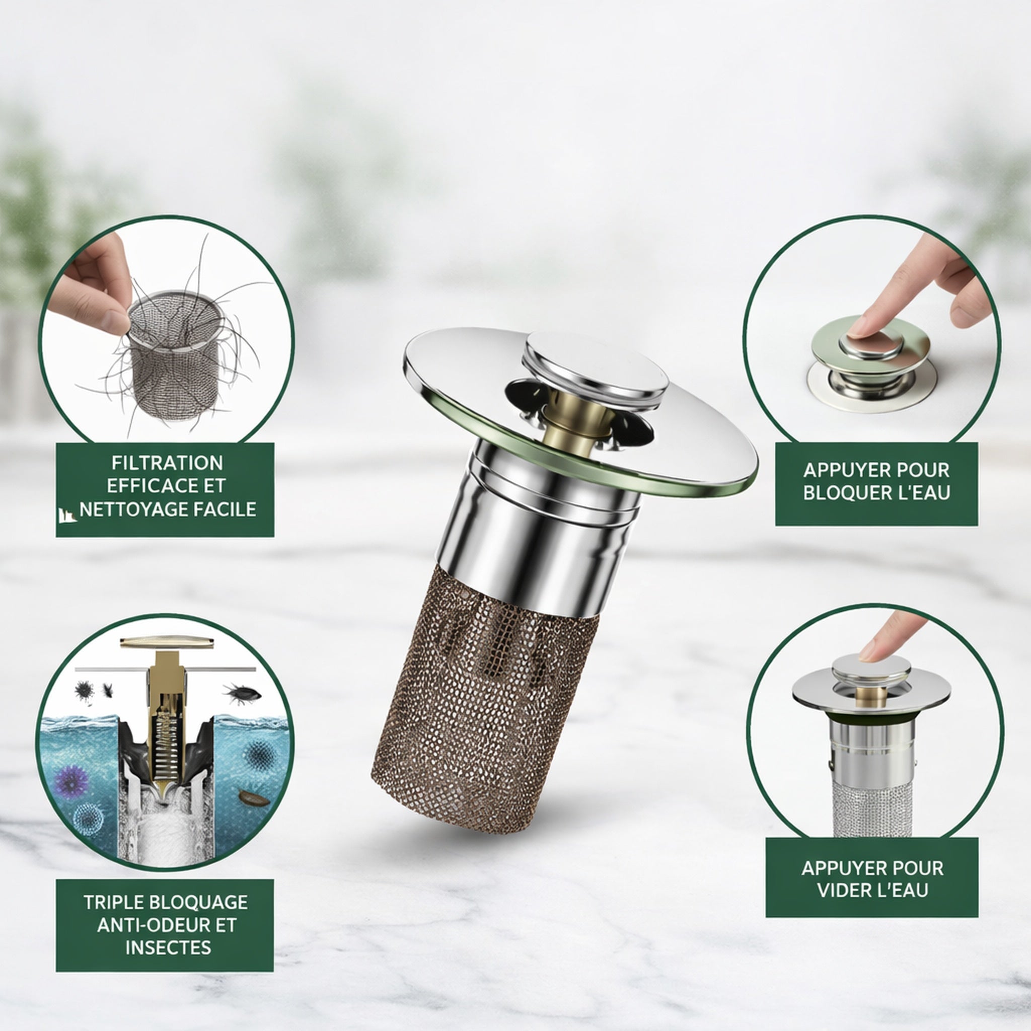 Filtre anti-bouchon & anti-odeurs pour évier et lavabo
